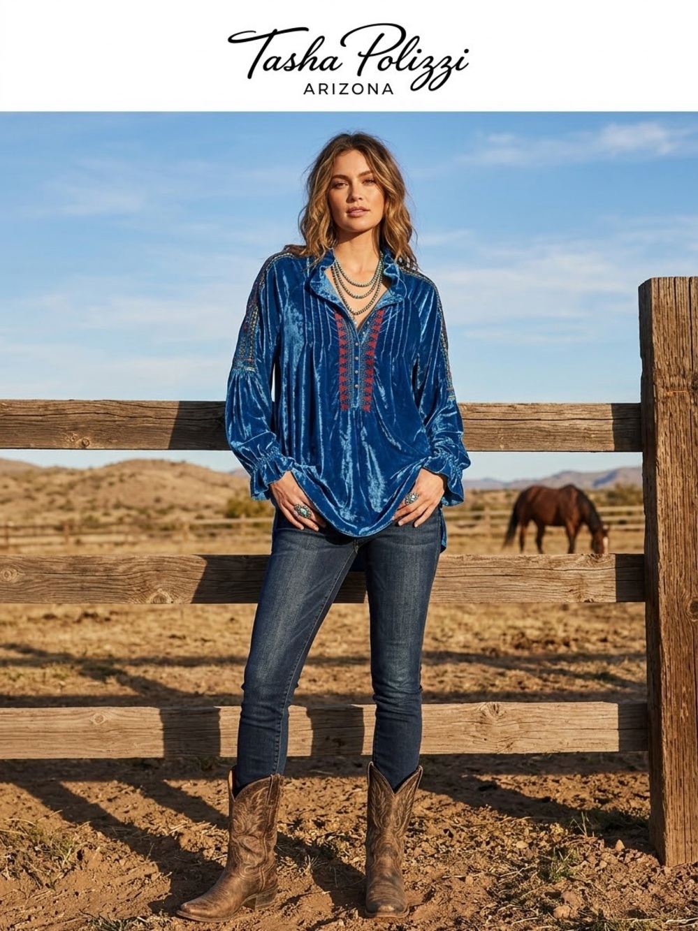 Tasha Polizzi Blue Velvet Embroidered Peasant Tunic